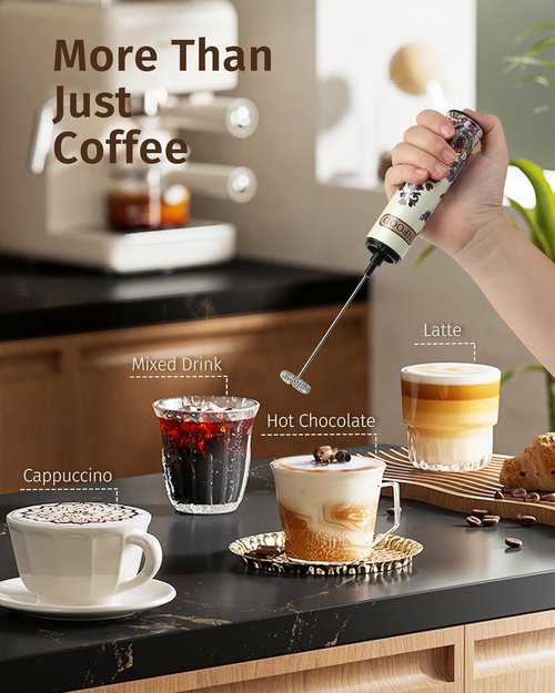 INFOOD Rechargeable Milk Frother - Handheld Coffee Mixer with 2 Detachable Whisks & Adjustable Speeds | Vintage Floral Design