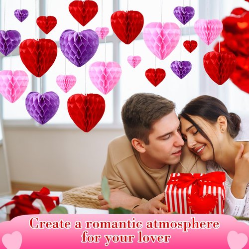 Seajan 30 Pcs Heart Honeycomb Party Decorations Pink Red Light Purple Tissue Paper Heart Shaped Pom Poms Decoration Valentine Hanging Decorations for Birthday Wedding, 5 Size