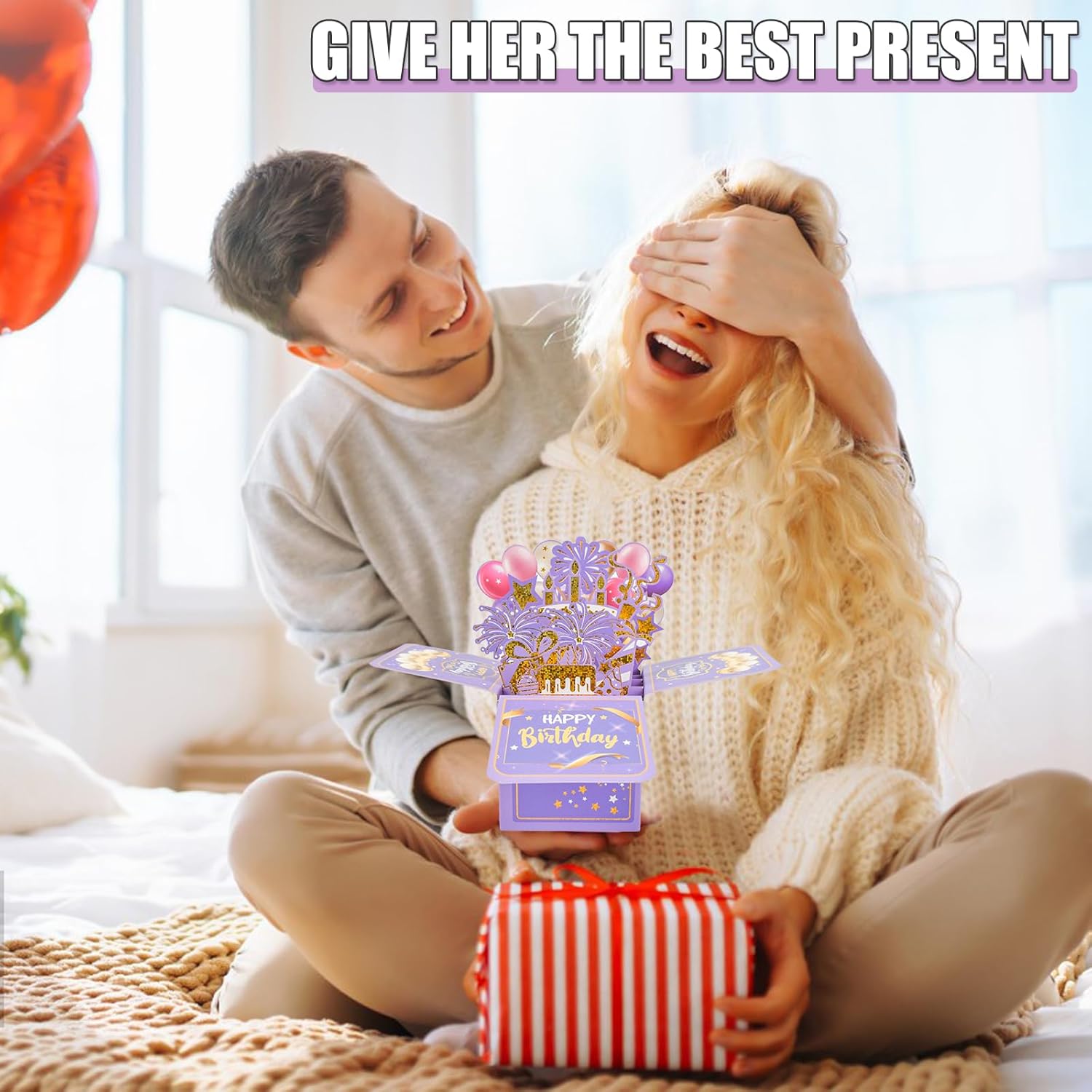 Surprise Pop Up Birthday Cards - Unique 3D Handmade Greeting Card for Adults & Kids | Purple Design