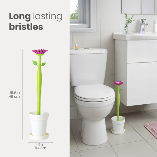 Vigar Flower Power Toilet Brush with Holder Set Toilet Brush with Daisy-shaped Handle, Flowerpot Base with Saucer Durable Bristles for Bathroom, White