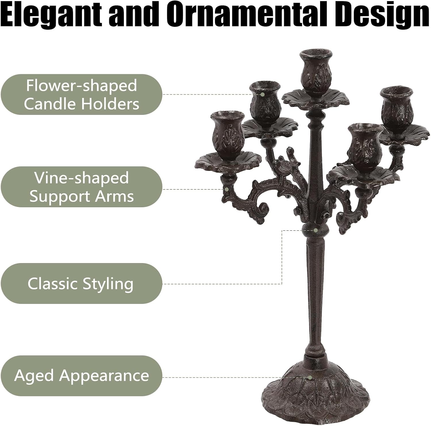Skiennix 5-Arm Vintage Candle Holder - Heavy Duty Cast Iron Candelabra for Home Decor | Christmas & Wedding