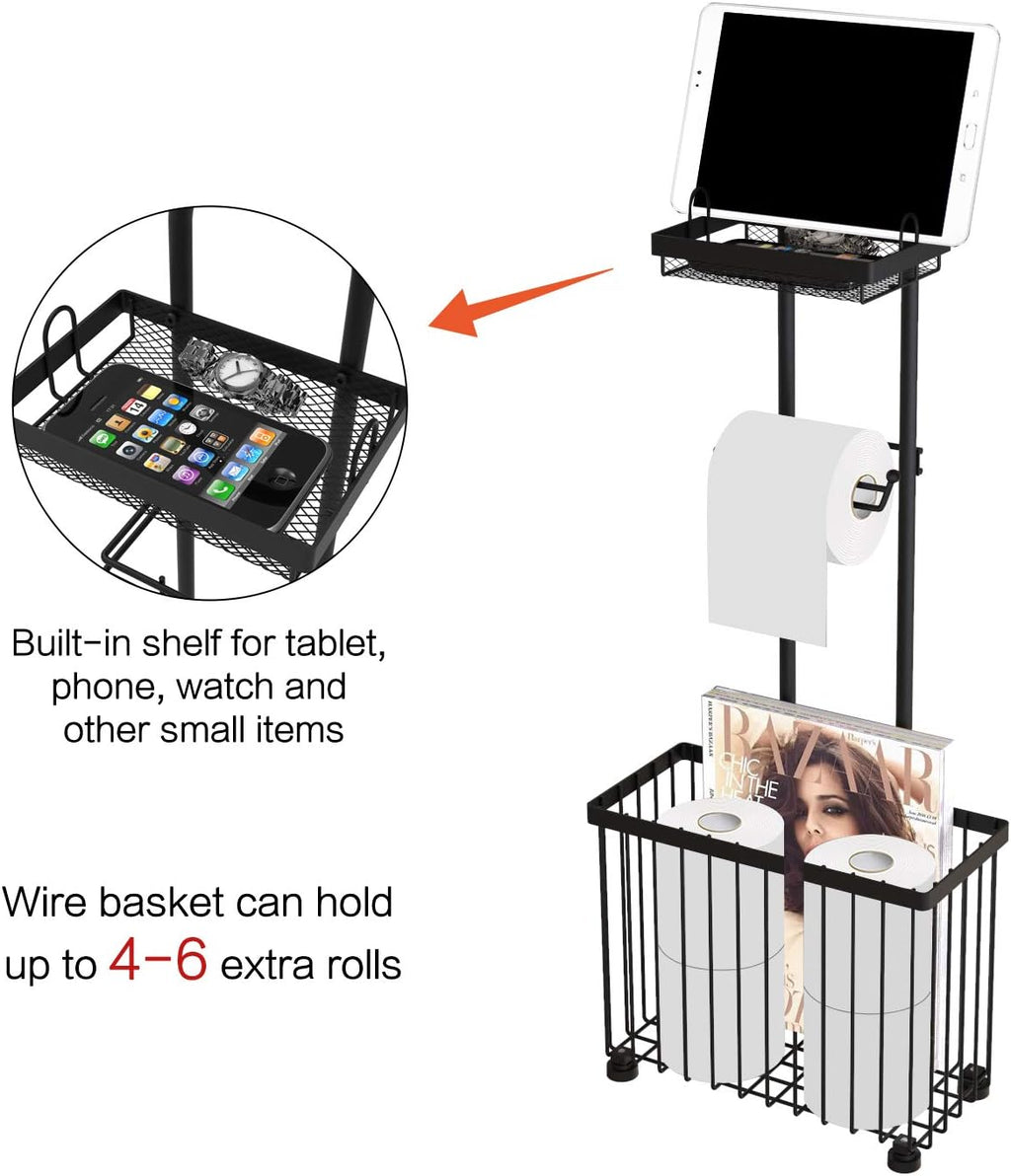 X-cosrack Toilet Paper Holder - Freestanding Tissue Rack with Storage Shelf for Bathroom | Black