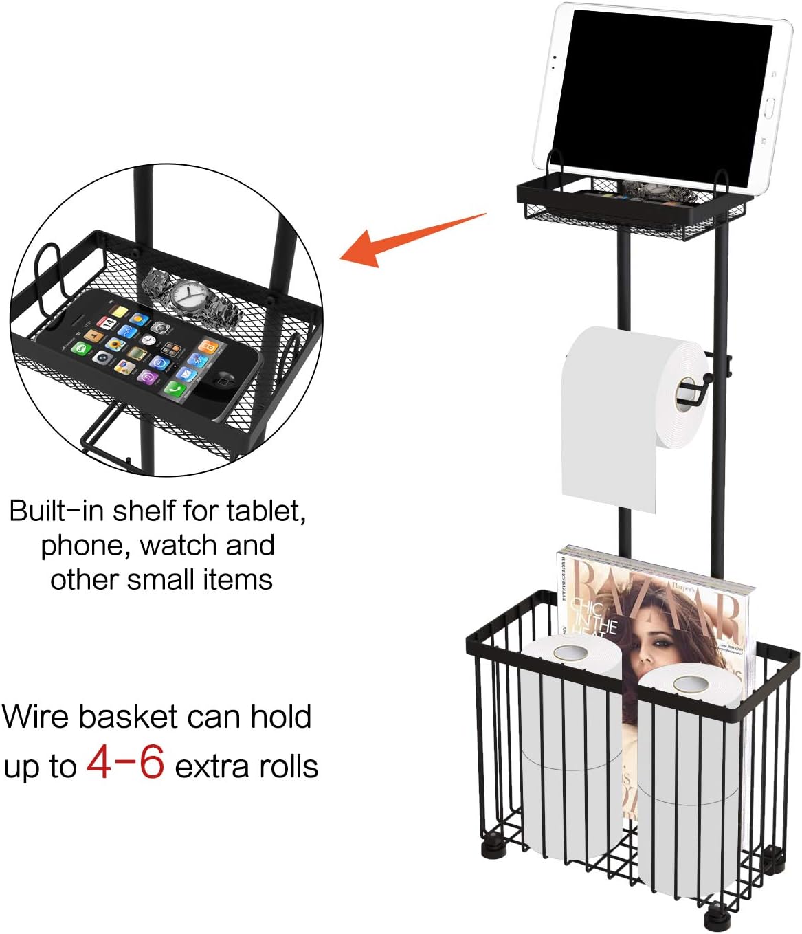 X-cosrack Toilet Paper Holder - Freestanding Tissue Rack with Storage Shelf for Bathroom | Black
