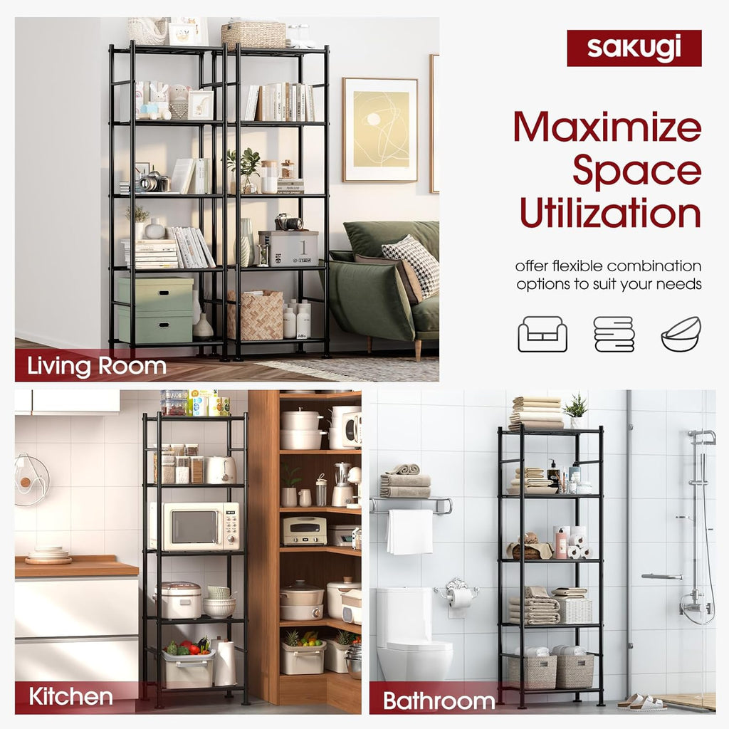 Sakugi Storage Shelves - Heavy Duty 5-Tier Shelf Organizer for Garage, Kitchen & Pantry | 18.4" W x 12.6" D x 57.4" H, Black