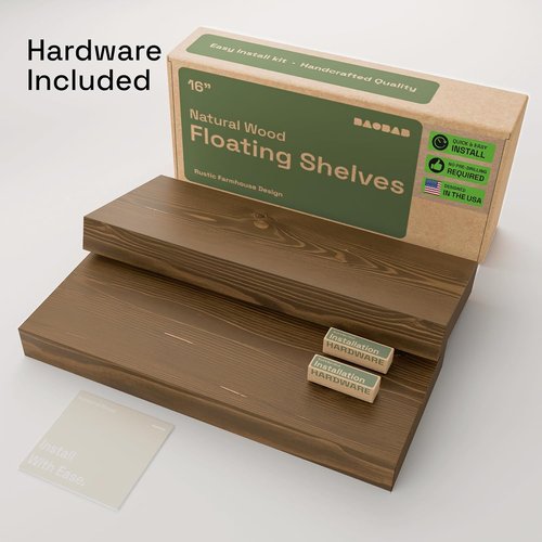 BAOBAB WORKSHOP Walnut Floating Shelves - 16 Inch Wall-Mounted Solid Wood Set of 2 for Kitchen & Bathroom