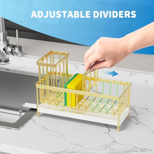 Cisily Kitchen Sink Caddy Organizer - Rustproof 304 Stainless Steel Sponge Holder (Gold, 9.25")
