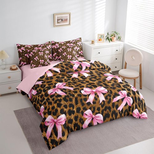 Castle Fairy Bowknot Leopard Bed in a Bag Comforter Set,Girly Princess Pink Bow Full Size 7 Pieces for Kids Teens,Cheetah Fur Print Bedding Set with Comforter, Sheet Set, Pillowcases, Pillow Covers