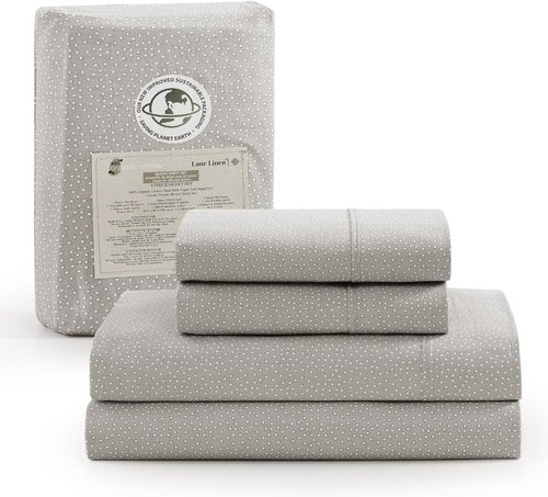 Lane Linen 100% Organic Cotton Full Sheets Set - Grey with White Dots | Breathable Percale Weave, Fits Mattresses Up to 15" Deep