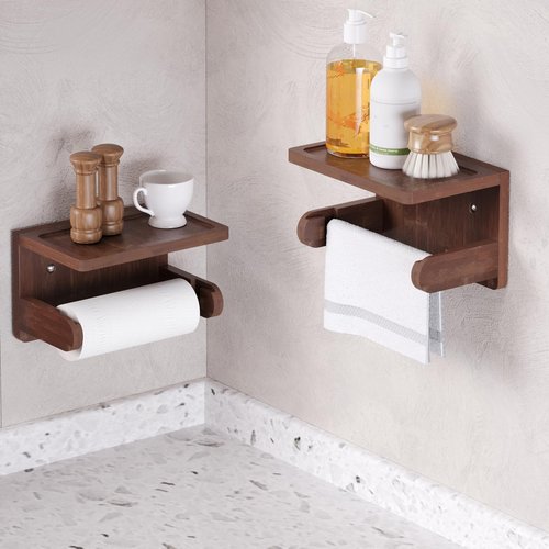 VERTORGAN Toilet Paper Holder with Phone Shelf,Bamboo Wall Mounted Tissue Roll Holder for Bathroom (Brown)
