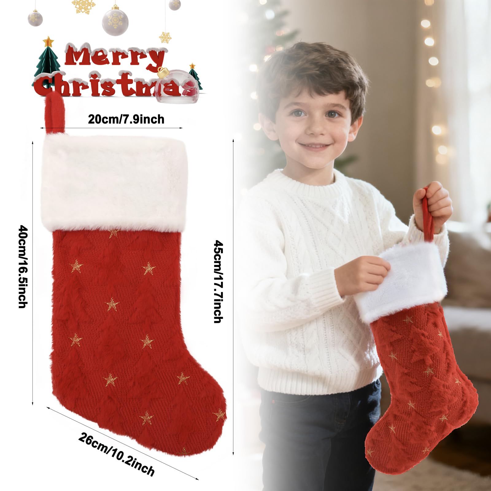 Christmas Stocking, red Sock has a Christmas Tree Shape., Plush White Cuff, 20 Inch Holiday Decor, Bone Shaped Design