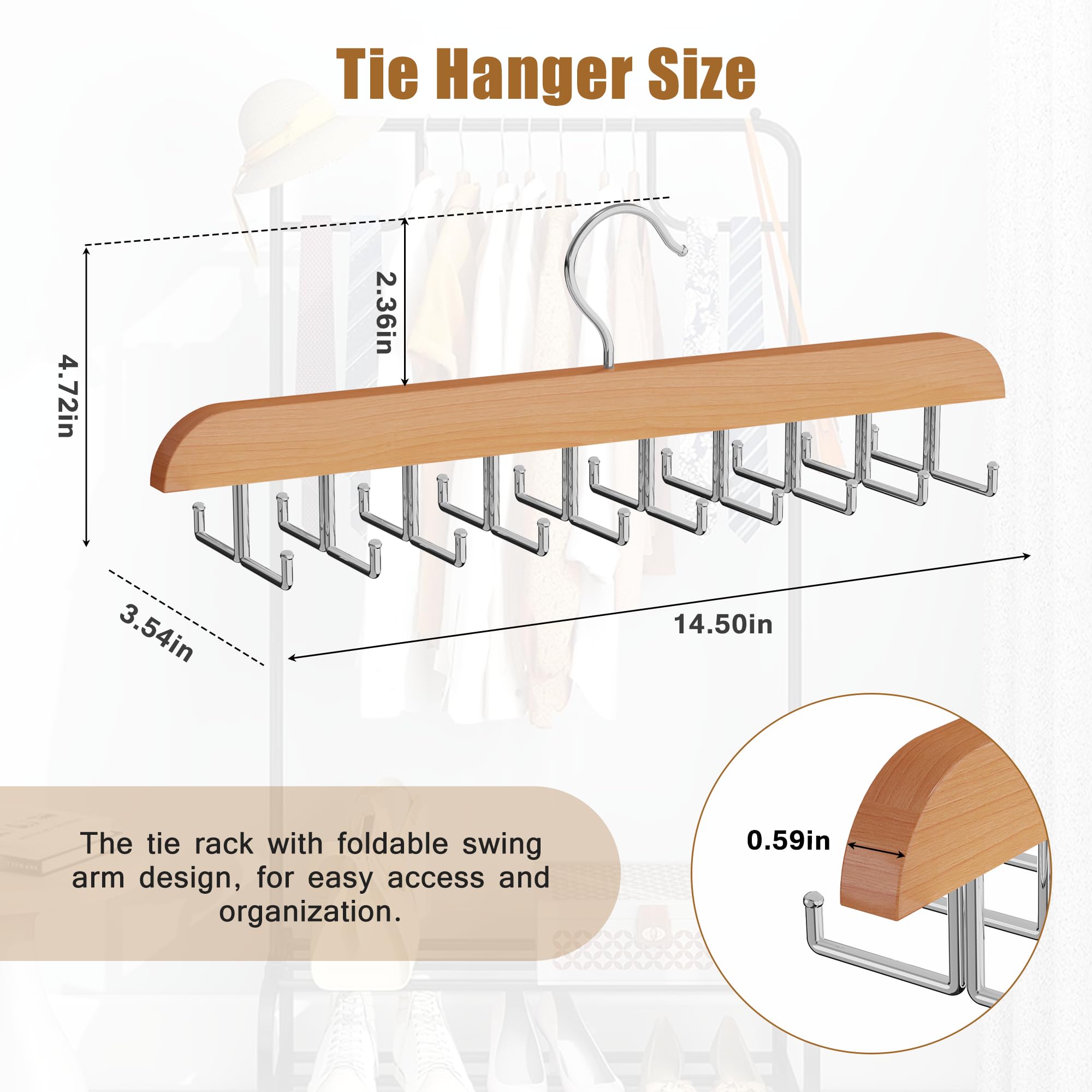 Cycleacc Tie Rack Hanger for Closet, 2 in 1 Belt Tie Hangers with 20 Folding Hooks, 360 Degree Rotating Wooden Tie Holder Organizer for Men Ties Belts Scarves Tank Tops Accessories, Wood (1 Pack)