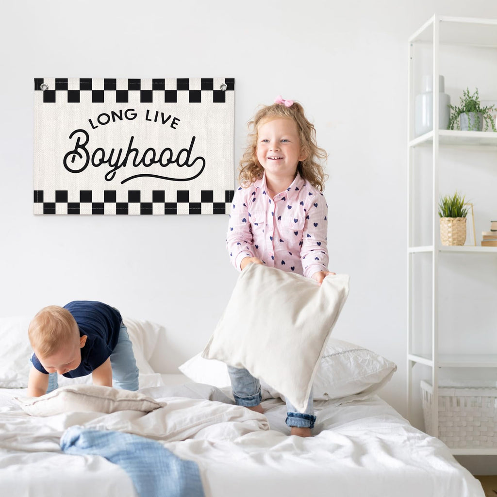 ETVISO Long Live Boyhood Black and White Checkered Boys Room Decor - Cars Room Decor Linen Banner Wall Hanging Canvas Banner Flag Decor for Toddler Boy Bedroom Nursery Playroom Birthday Party