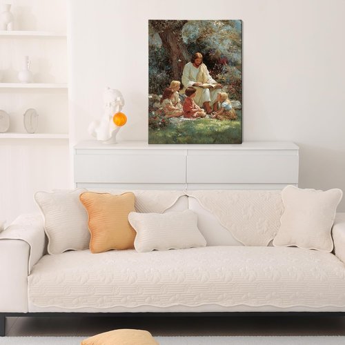 Christian Gifts for Women-Men,Religious Canvas Home Decor for Prayer Room Home Decorations Jesus with the Children Picture Jesus and Children Poster Wall Decor for Living Room Ready To Hang 16x24