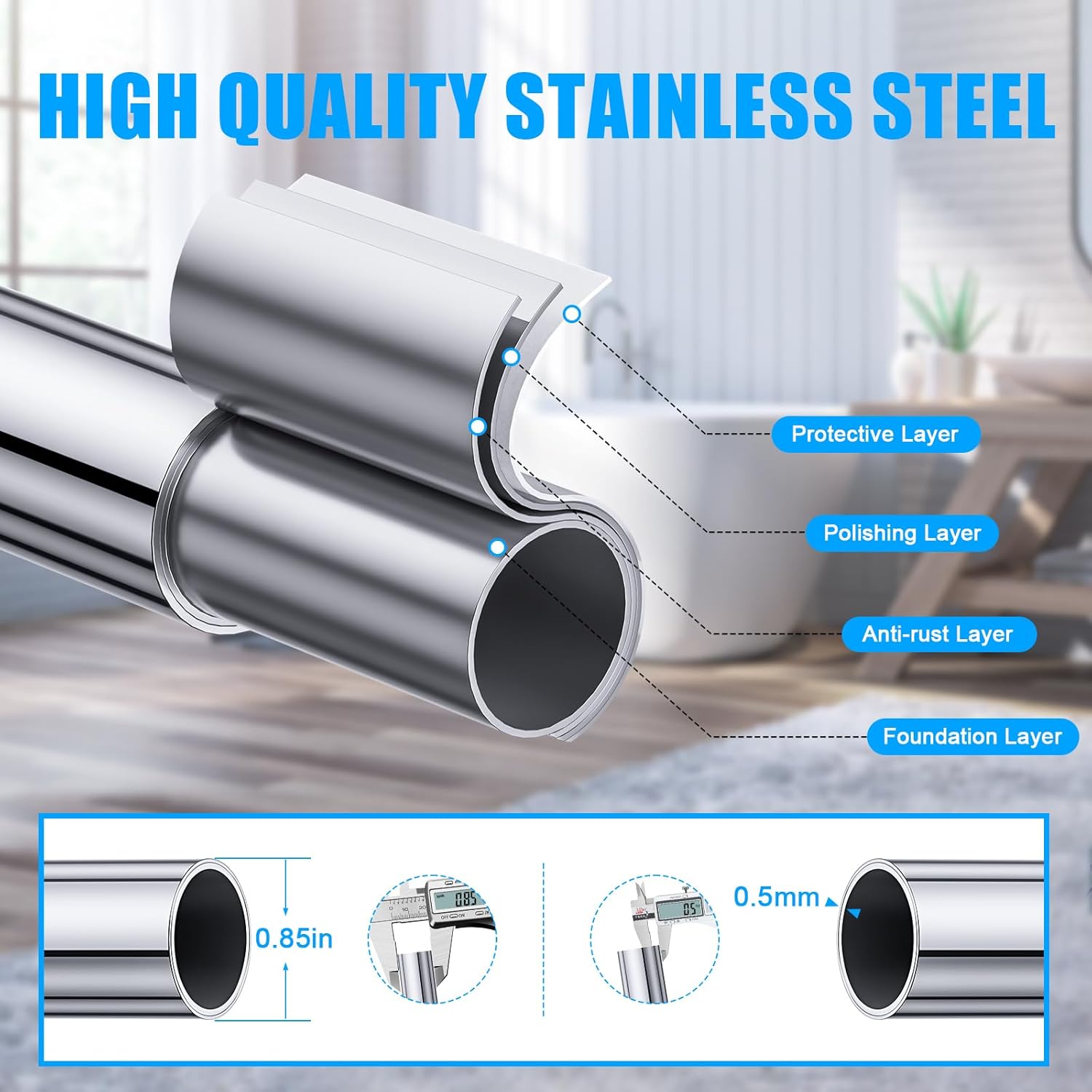 TEECK Adjustable Shower Curtain Rod - 32-80 Inch Anti-Slip, Rust-Free Design | Easy No-Drill Installation