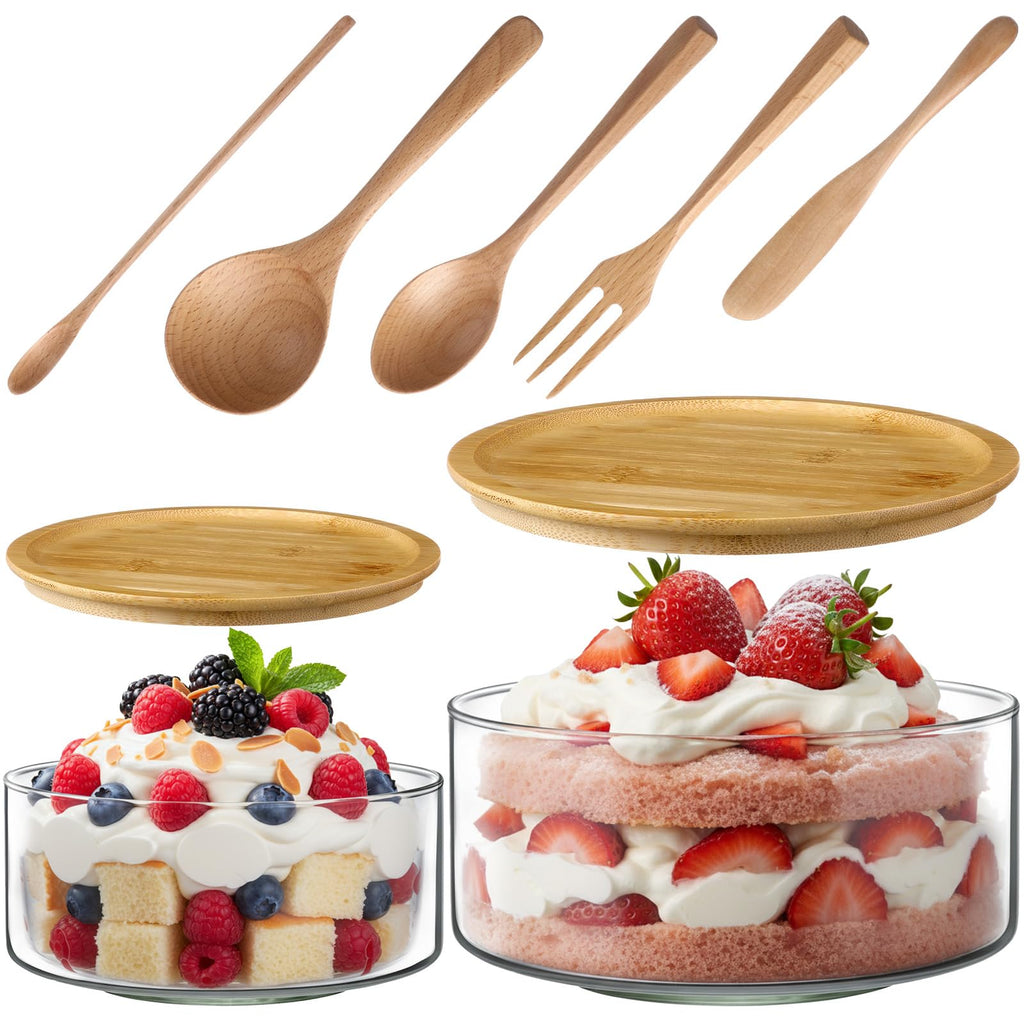 Qinyoung 2 Pack Large Trifle Bowls with Lids 9 Inch and 6.9 Inch Clear Glass Large Salad Bowl for Cake, Baking, Dessert, Fruit and Party DIY with 5 Pcs Wood Serving Utensils, Microwave Dishwasher Safe