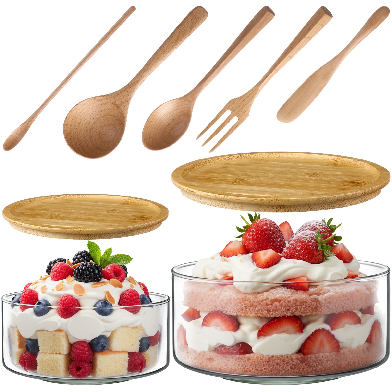 Qinyoung 2 Pack Large Trifle Bowls with Lids 9 Inch and 6.9 Inch Clear Glass Large Salad Bowl for Cake, Baking, Dessert, Fruit and Party DIY with 5 Pcs Wood Serving Utensils, Microwave Dishwasher Safe