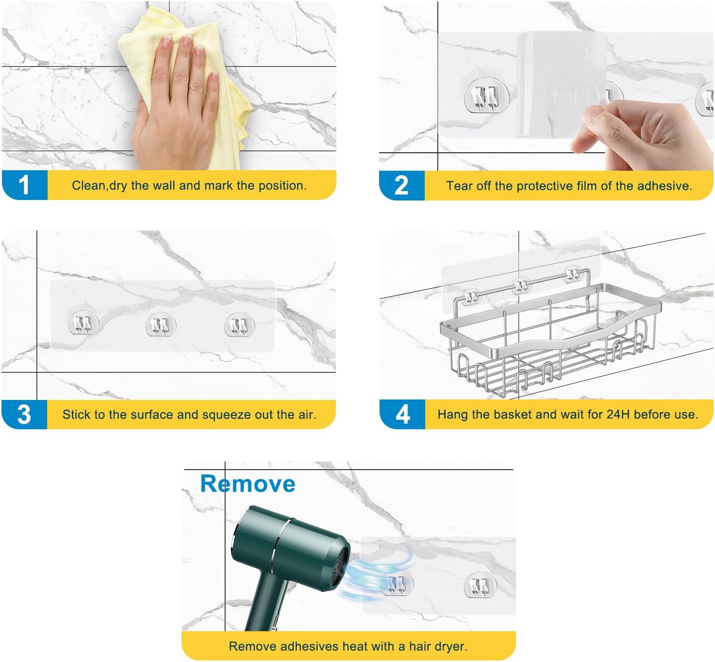 Youvip Adhesive Shower Caddy - Rustproof No-Drill Bath Organizer Set | 5-Pack Silver Shelves with Soap & Toothbrush Holder