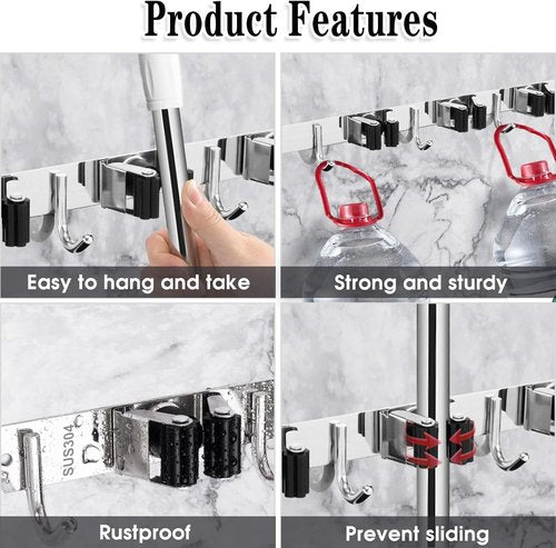 AceMining Mop and Broom Holder - 5 Racks & 4 Hooks Wall Mount Organizer | Heavy-Duty Stainless Steel