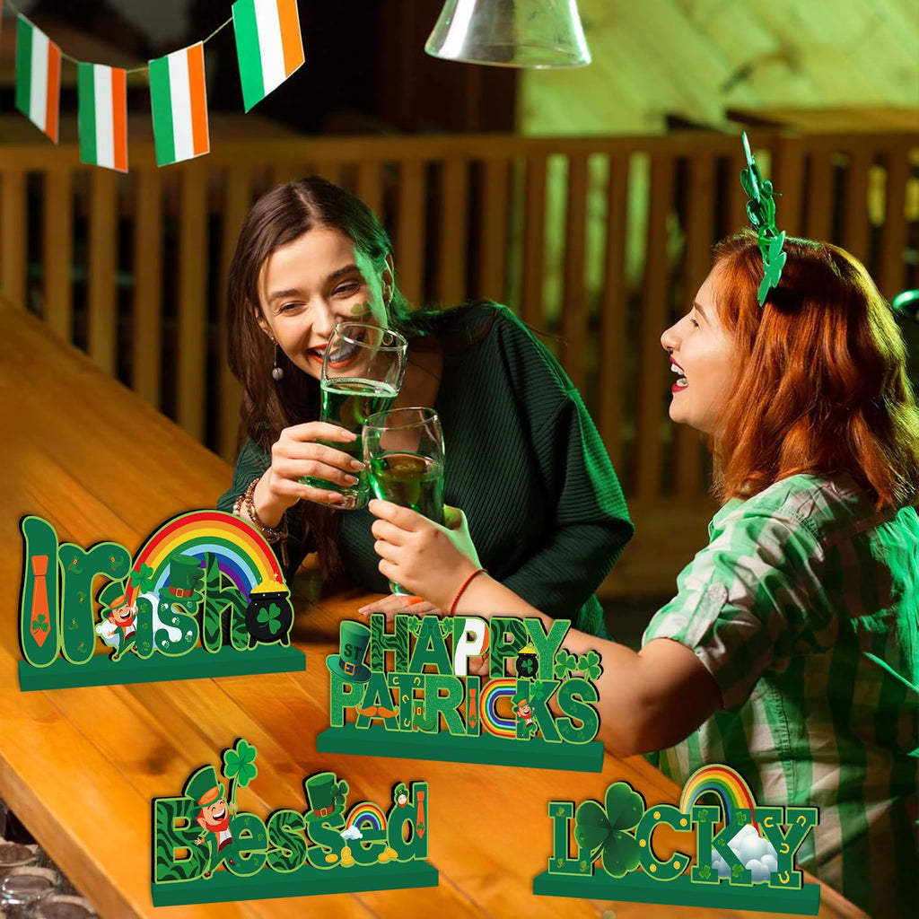 4pcs St Patricks Day Decorations Wooden Table Signs,Happy Saint Patricks Day Table Decorations Green Irish Lucky Shamrock, Leprechaun St. Patricks Day Decorations for Holiday Party