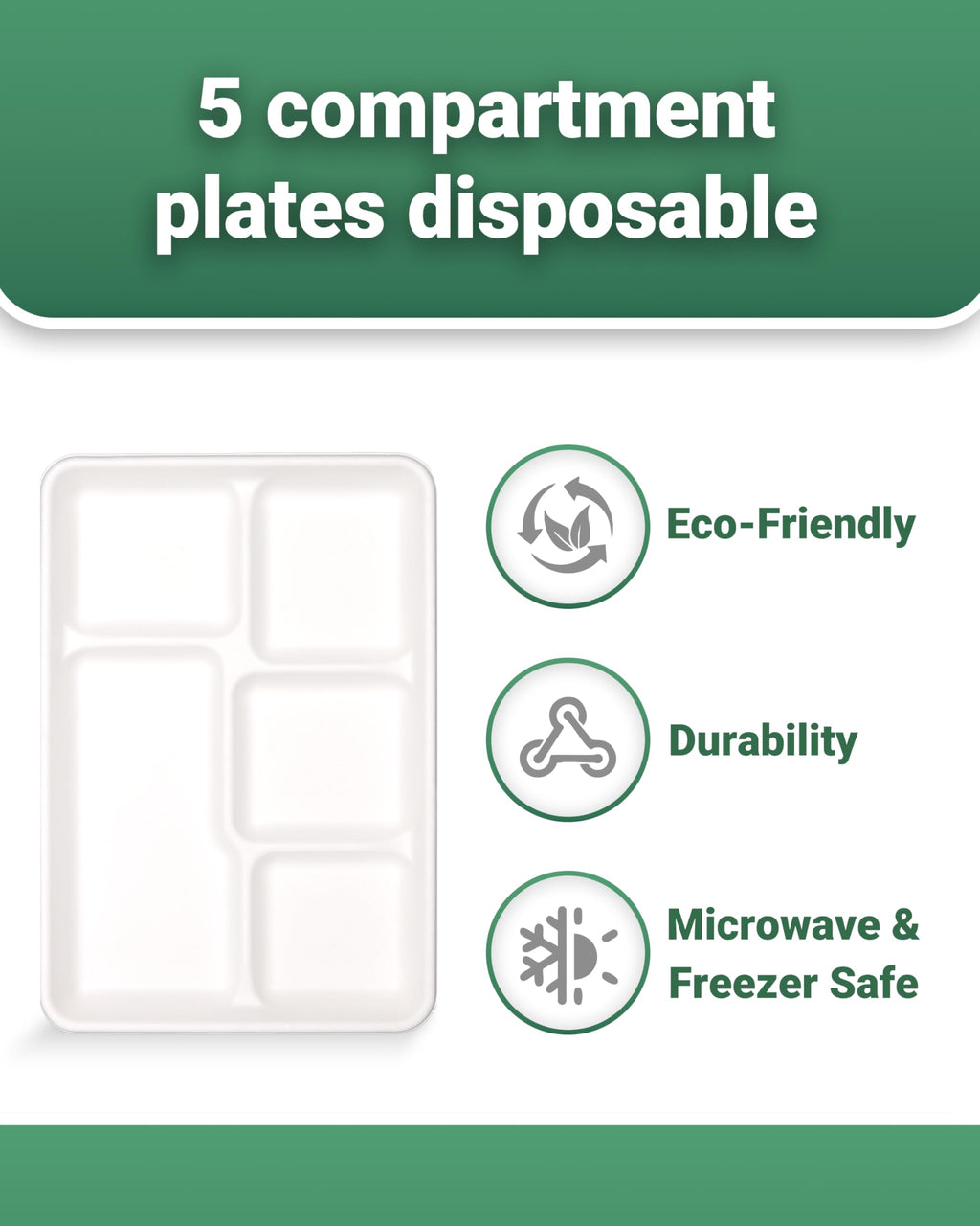 ZOES HOMEWARE 5 Compartment Plates Disposable, 100 Pack, 12.5" X 8.6" 100% Compostable Disposable Paper Plates with Dividers for School Lunch, Party, Buffet, Picnic