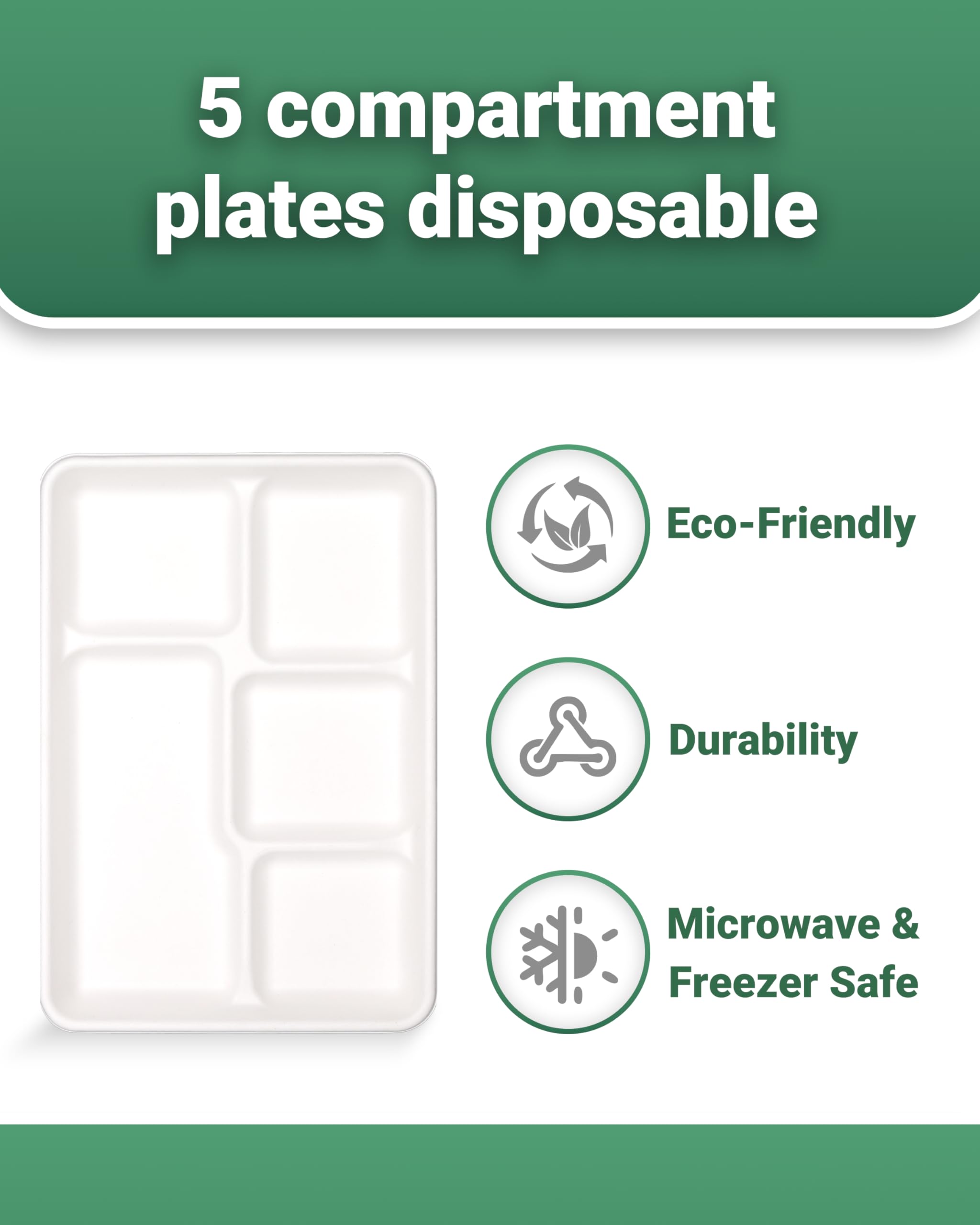 ZOES HOMEWARE 5 Compartment Plates Disposable, 100 Pack, 12.5" X 8.6" 100% Compostable Disposable Paper Plates with Dividers for School Lunch, Party, Buffet, Picnic