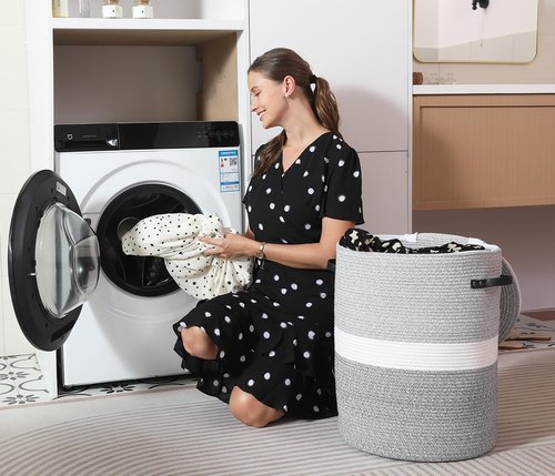 Extra Large Cotton Rope Storage Basket with Lid and Zipper, Versatile Laundry Hamper and Cloth Bin for Clothes, Towels, Blankets, Living Room Organization (Dual Grey, 16"x20")