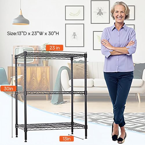 BestOffice 3-Shelf Metal Storage Shelves - Adjustable Wire Rack Organizer | 450Lbs Capacity, Black 23"L x 13.2"W x 30.2"H
