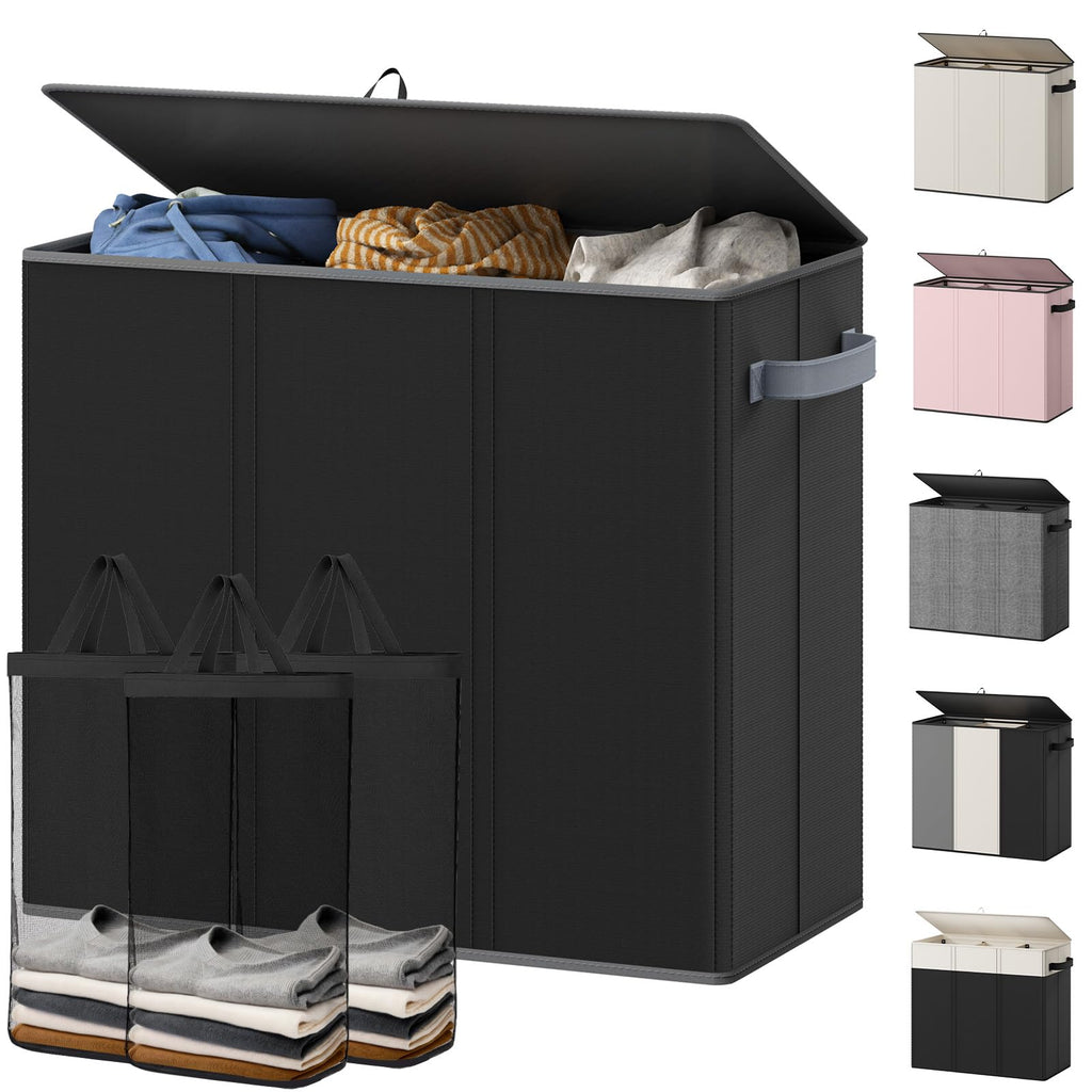 Optish 180L Laundry Hamper 3 Section, Large Laundry Hamper with Lid, Dirty Clothes Hampers with Handles, Laundry Basket Organizer for Laundry, Bedroom, Bathroom, Laundry Sorter Baskets, Black