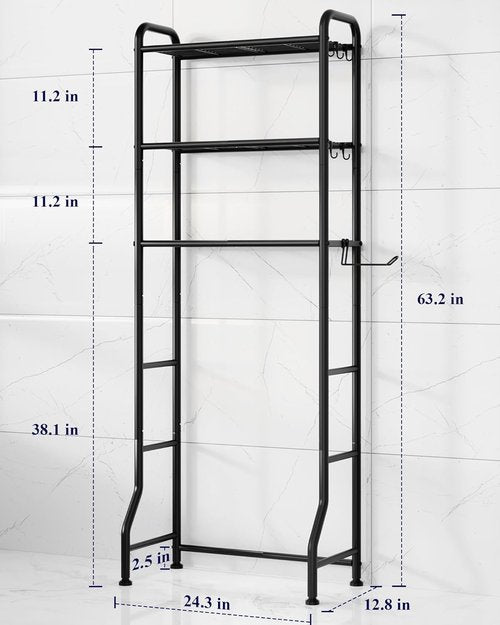 Kitsure Over Toilet Storage Rack - Metal Bathroom Organizer Shelf with Paper Holder & Hooks | Black, 3 Tiers (63.2" H)