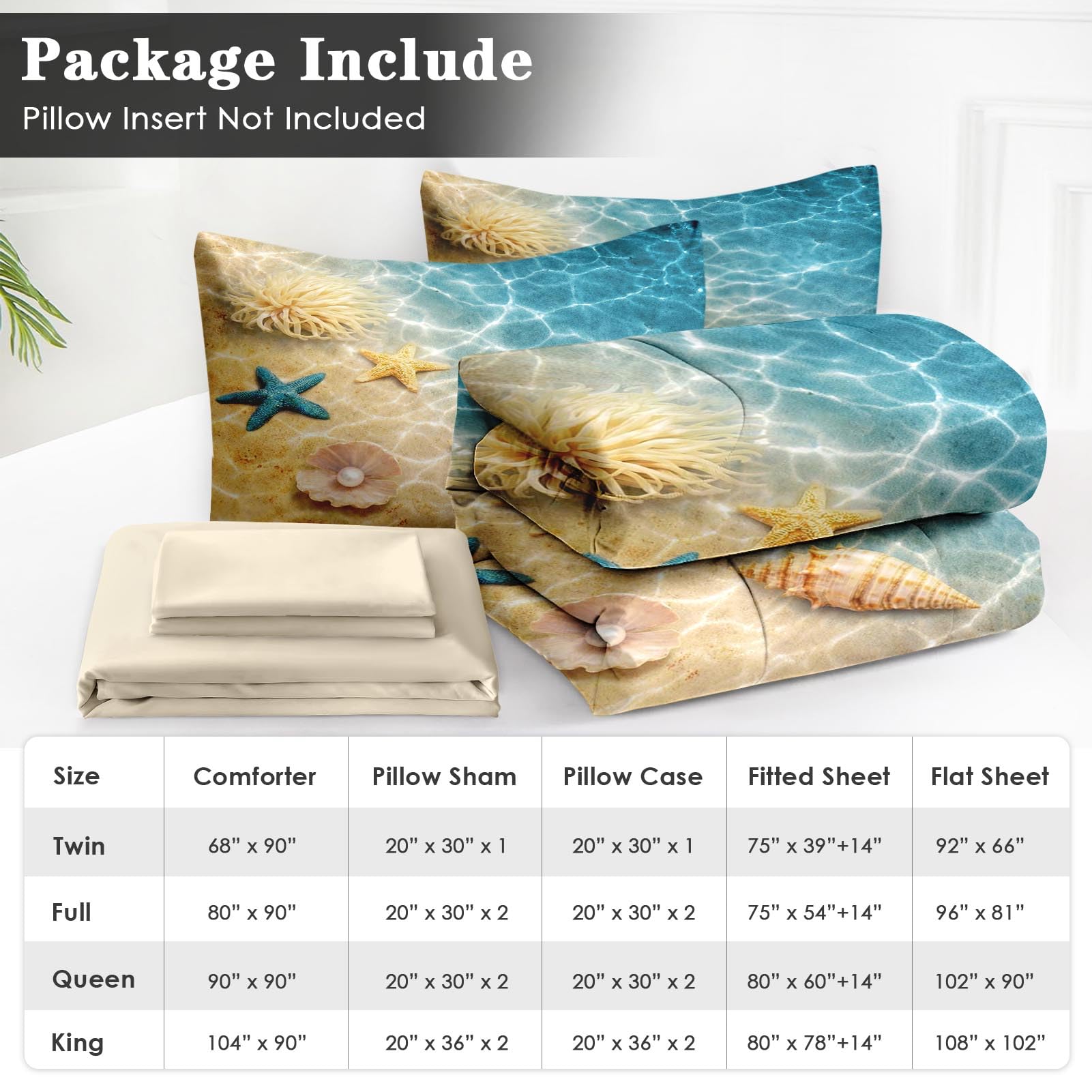 WeCozy 7 Pcs Queen Size Comforter Set with 2 Pillowcases & 2 Shams, Summer Beach Seashell Bedding for Kids and Adults, Blue Ocean Sea Shell Bed in a Bag with Flat Fitted Sheet