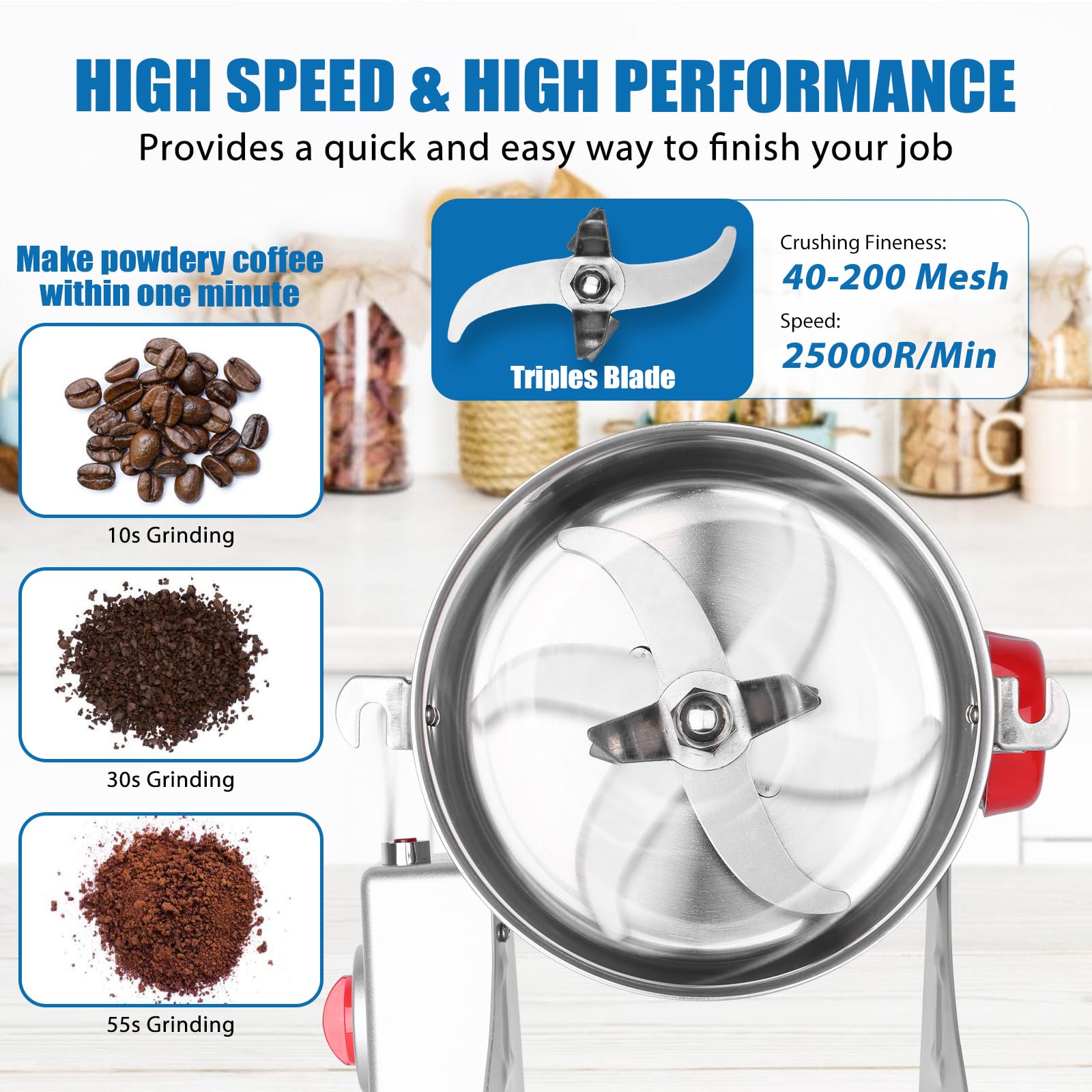 3000W Electric Grain Mill Grinder, 800g Stainless Steel Flour Mill Grinder for Home Use, High Speed Commercial Pulverizer for Dry Grains Spices Coffee Corn Pepper, Swing Type