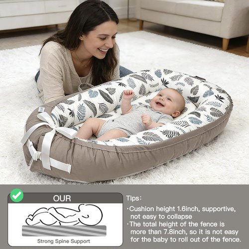 Infant Support Cushion - Reversible & Adjustable Baby Support Mat for Tummy Time | Soft, Breathable, Washable Cover | Grey Leaves