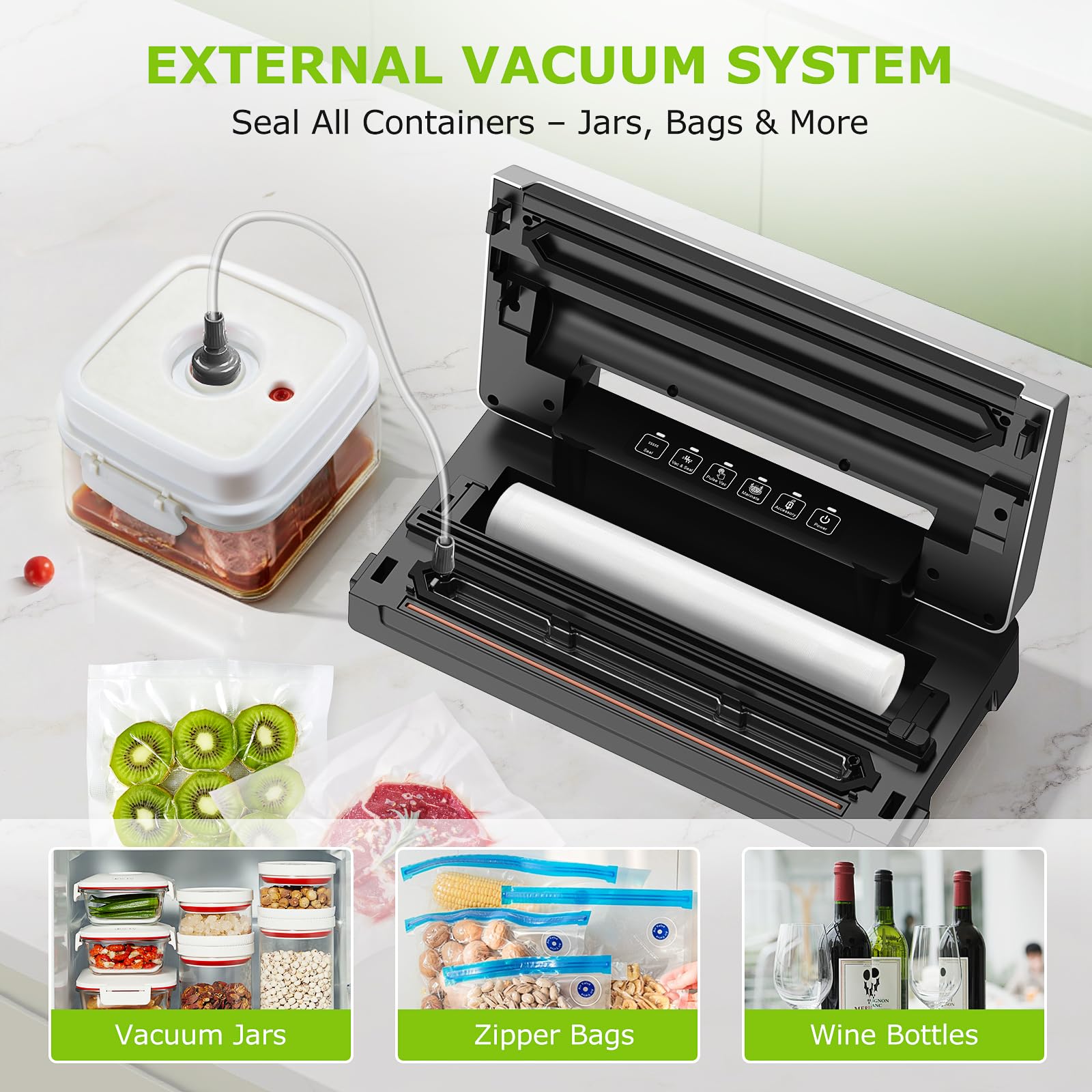 Bonsenkitchen Vacuum Sealer Machine, Built-in Cutter | Bag Storage, Multifunctional Food Sealer for Sous Vide & Meal Prep, 1 Roll Bag & 5 Pre-Cut Bags, Silver