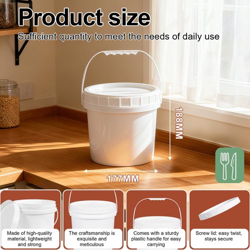 UMETASS 4 Pack 1 Gallon Plastic Buckets with Screw Lids & Handle, Food Grade Storage Containers for Kitchen, Freezer - Reusable White Plastic Bucket Set