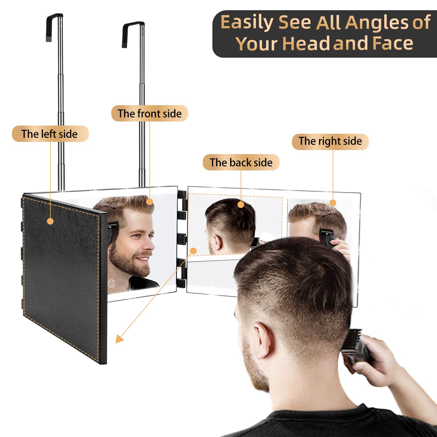 XIGETRAIL Rechargeable 3 Way Mirror for Self Hair Cutting with 8 Light Strips & Telescoping Hooks for Makeup,Shaving,Braiding&Styling-Trifold Barber Mirror