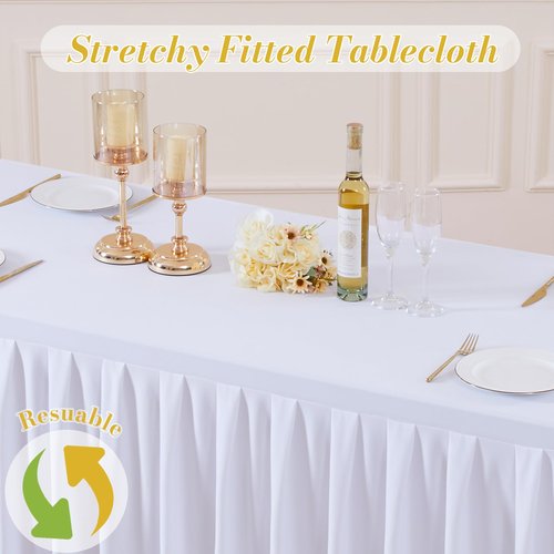 4 Pack White Rectangle Tablecloth 6 FT Stretch Spandex Fitted Table Cloth for 6 Foot Rectangle Tables Banquet Tablecloths Wrinkle Free Table Cover Stitch Ruffle Table Skirt for Party Wedding Birthday