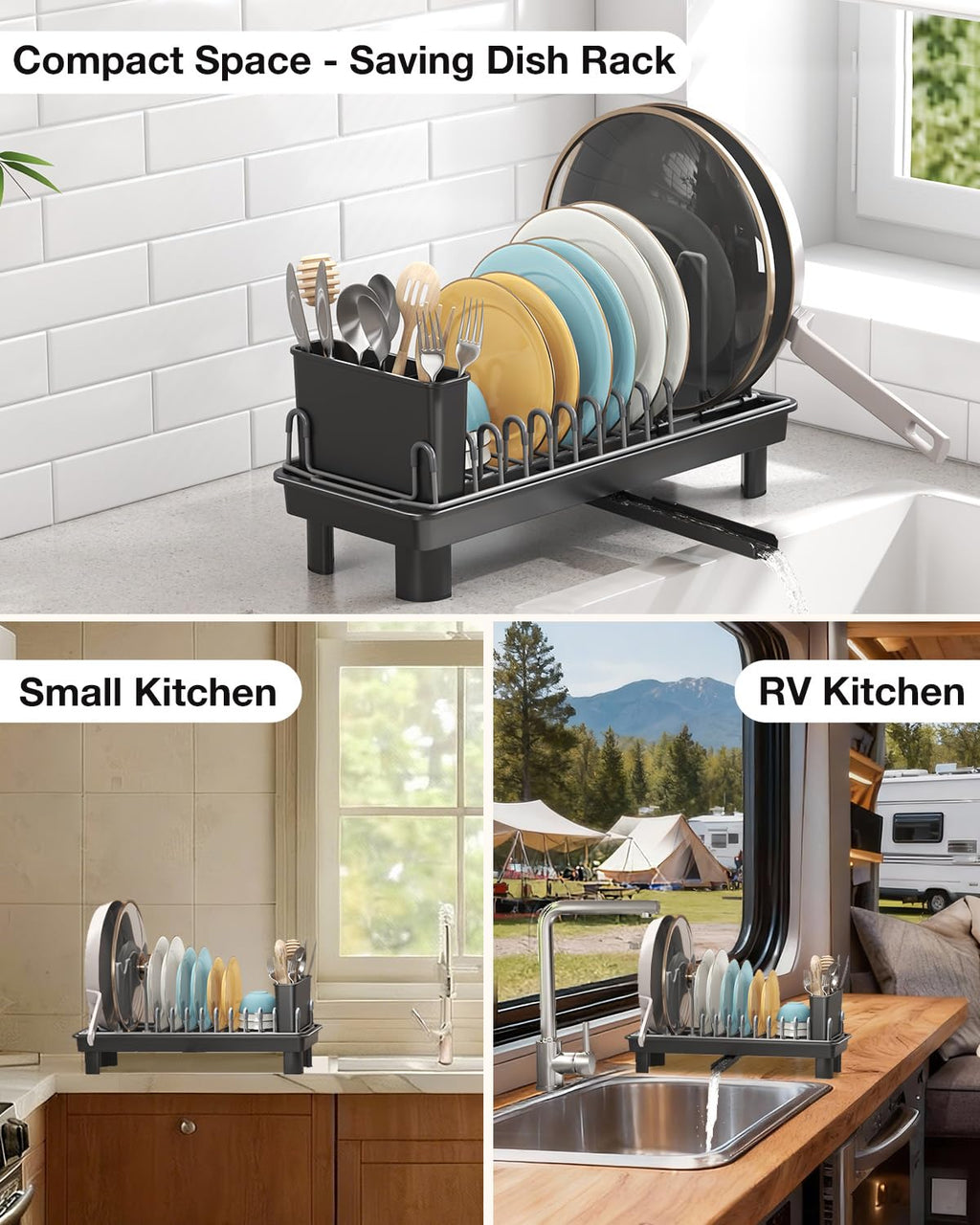 Nfnoyp Small Dish Drying Rack Carbon Steel Dish Rack Rustproof for Kitchen Counter Compact Dish Drainer with Adjustable Slots for Small Kitchens & Apartments 16.5×6.5×7inch Black