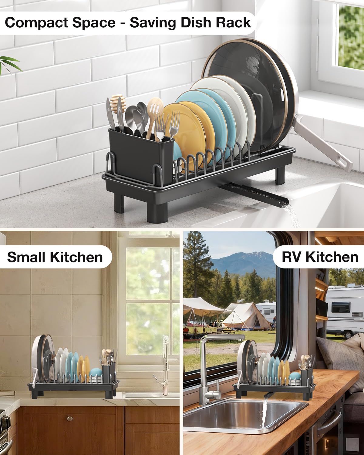 Nfnoyp Small Dish Drying Rack Carbon Steel Dish Rack Rustproof for Kitchen Counter Compact Dish Drainer with Adjustable Slots for Small Kitchens & Apartments 16.5×6.5×7inch Black
