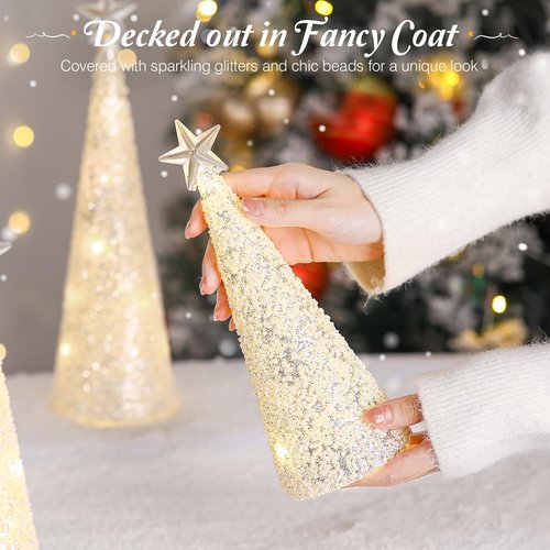 Lewondr LED Glass Christmas Tree Tabletop Lamps - Warm Yellow Light | 3 PCS with Timer & Glitter Ornaments