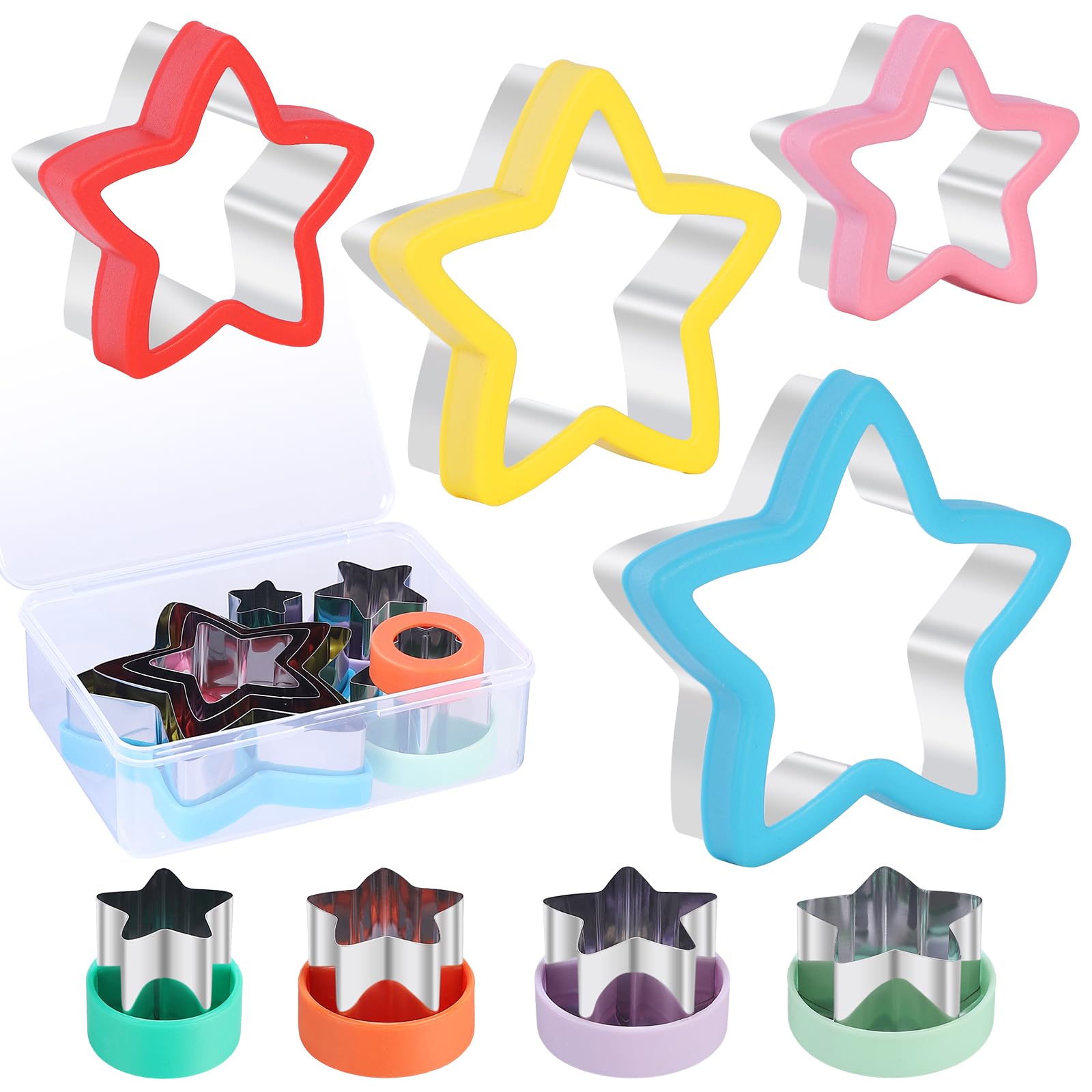 8-Piece Star Cookie Cutter Set with Storage Box - Heavy Duty Stainless Steel Baking Tools, Plastic Handles, Dishwasher Safe, Kids Friendly for Cookies, Biscuits, Vegetable, Fruit and Sandwiches