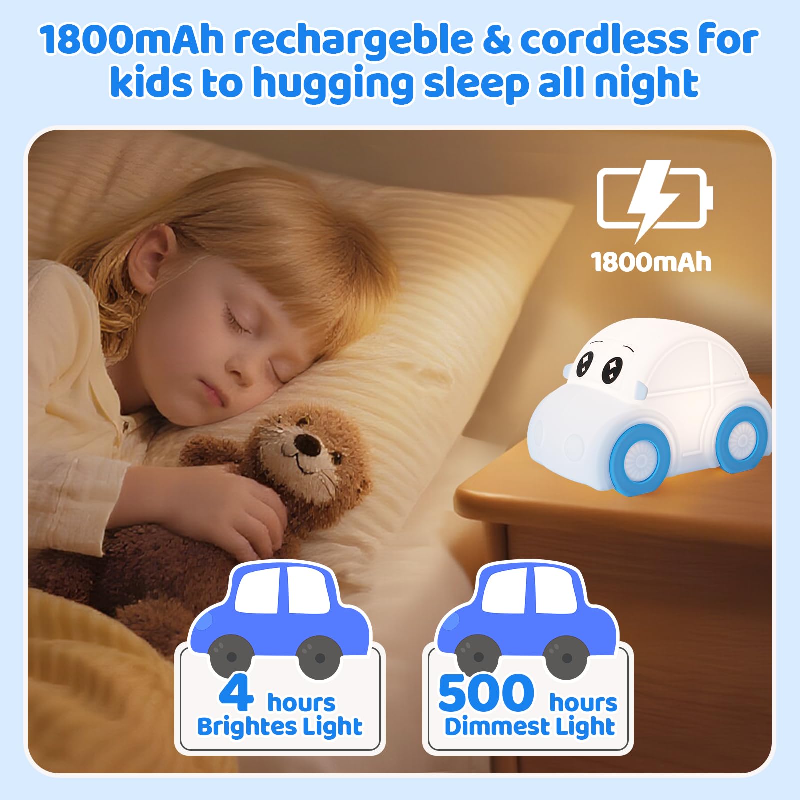 GAGBC Car Night Light for Kids, Tap Control, Color Change, 15/30/60 Min Timer, Dimmble, USB-C Rechargeable Squishy Night Light, Cute Night Lamp for Boys, Girls (car)