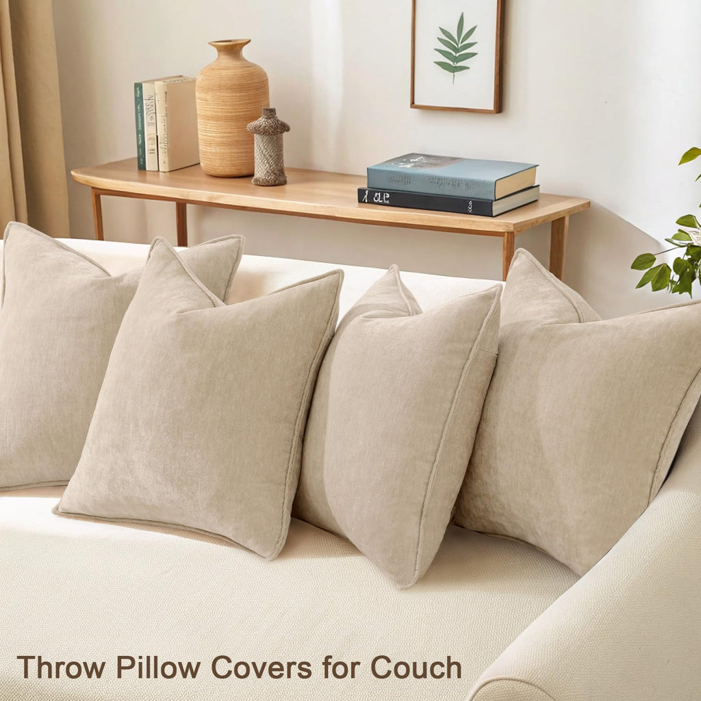 decorUhome Summer Set of 4 Beige Couch Throw Pillow Covers 18x18, Decorative Soft Neutral Chenille Pillow Covers with Elegant Design for Living Room Bed Sofa