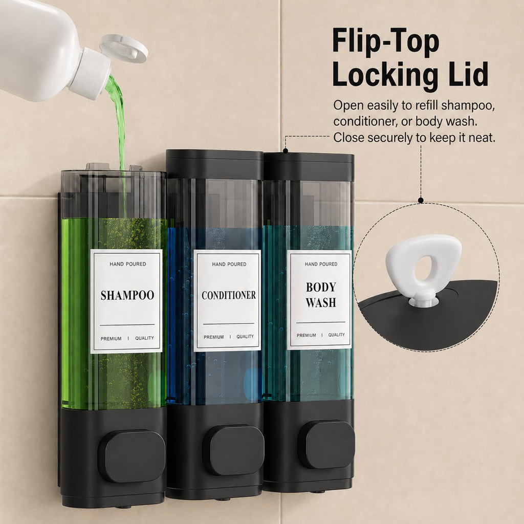 Shampoo and Conditioner Dispenser – Wall-Mounted Shower Soap Dispenser, No-Drill Installation, Lockable, 900 ml Capacity,for Bathroom & Hotel or Airbnb (Black, 3-Pack)