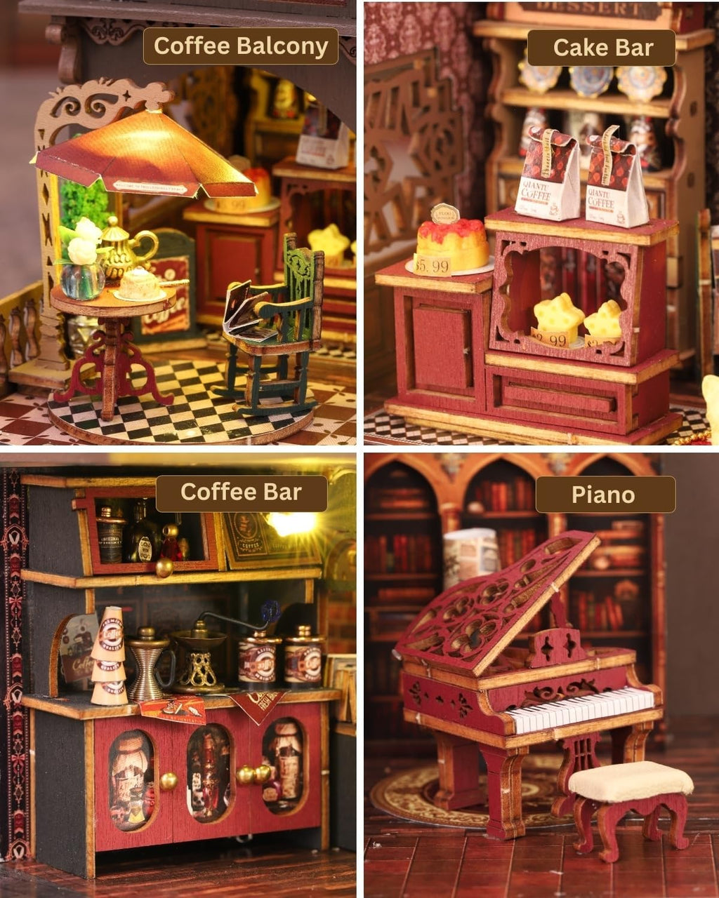 Skiennix Letter Coffee Miniature House Kit - LED Light Dollhouse for Shelf Decor | 3D Wood Puzzle Gift for Adults