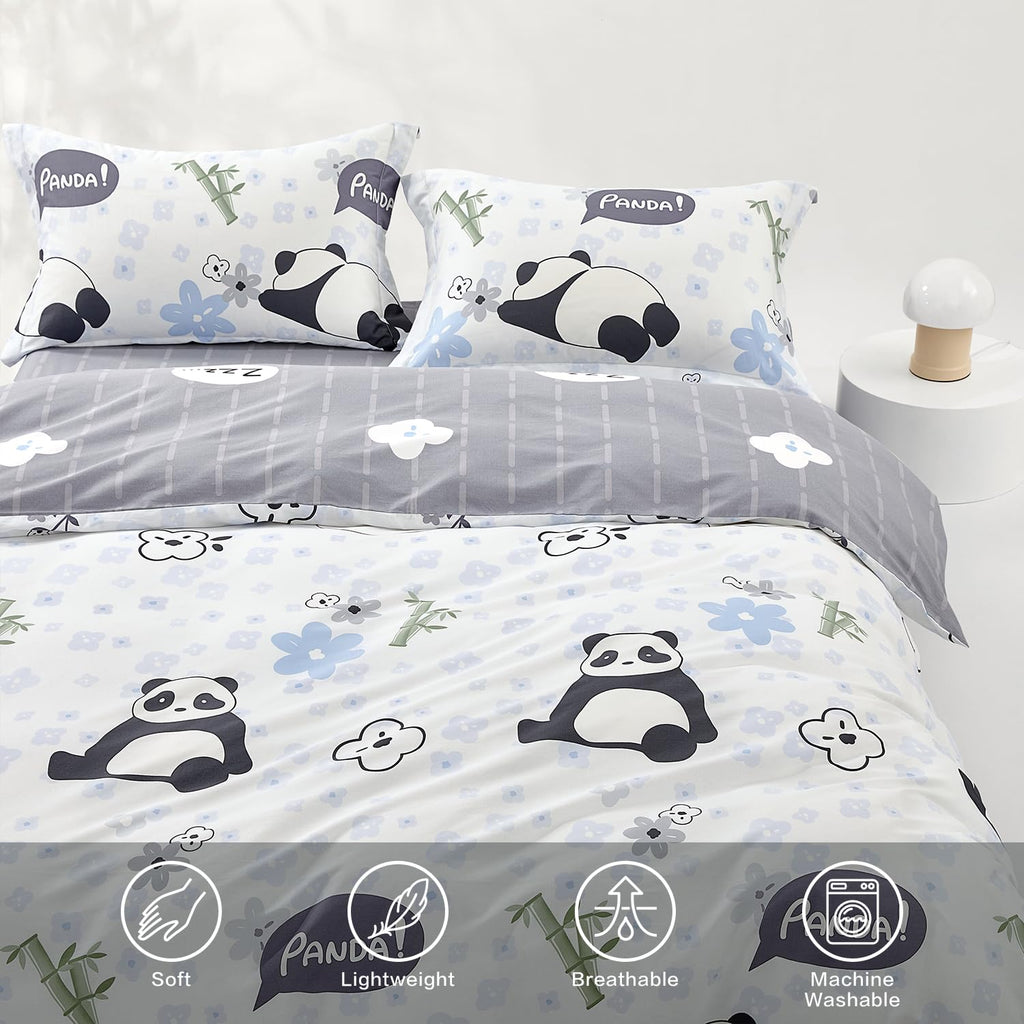 SAPHREAS Home Queen Size Cute Cartoon Pandas Duvet Cover Set 3pcs Animal Comforter Cover 100% Cotton Kids Duvet Cover Set 1 Duvet Cover 2 Pillow Shams
