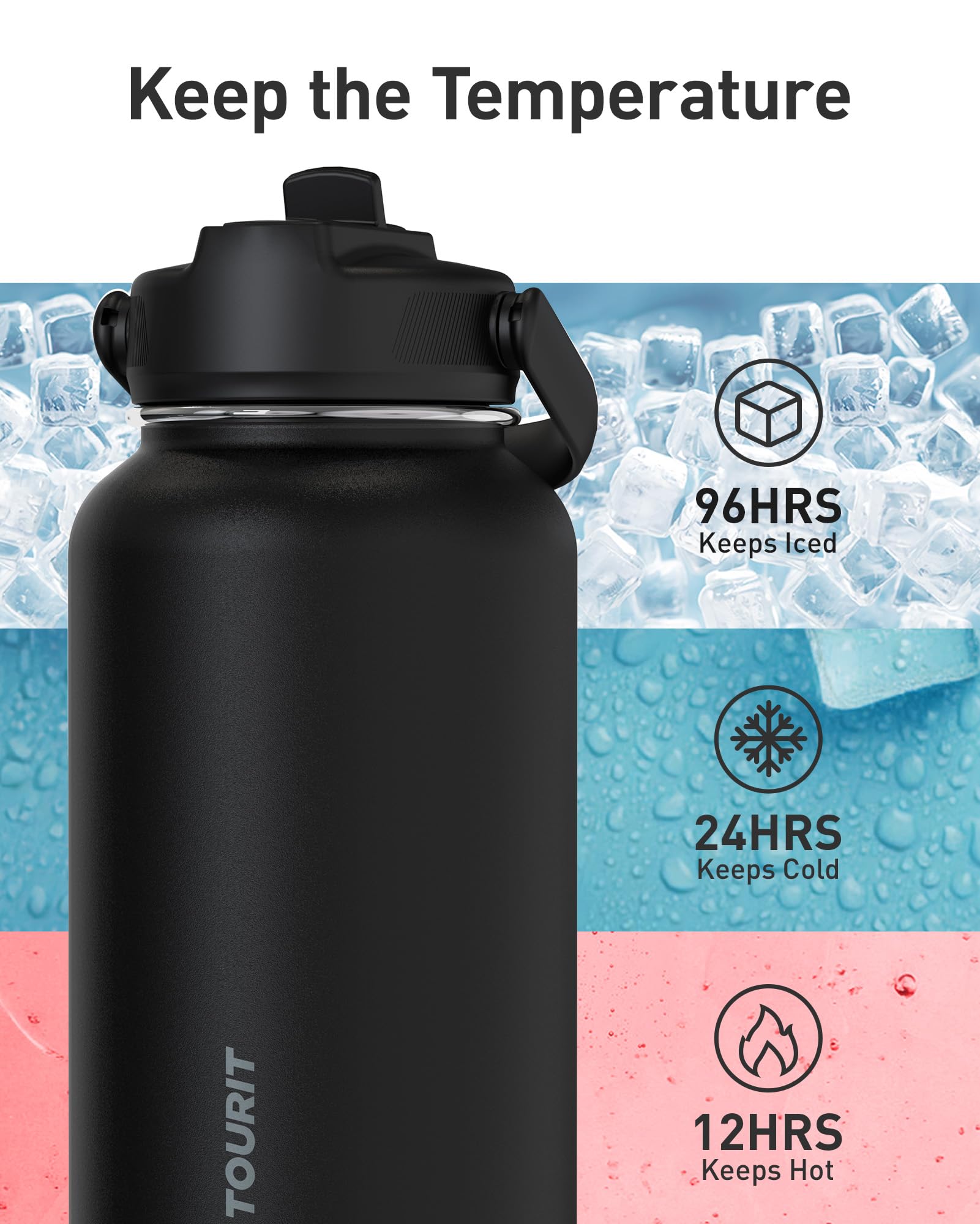 TOURIT 24 oz Insulated Water Bottle, Stainless Steel Water Bottles With Straw, Double Wall Vacuum Metal Thermos for Cold and Hot Drinks, Leak Proof BPA Free Water Flask for Sports and Travel, Hot Pink