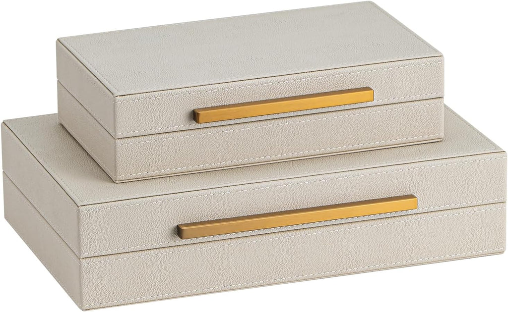 Regine Switzerland Set of 2 Beige Shagreen Decorative Storage Boxes - Faux Leather Jewelry & Memory Organizers