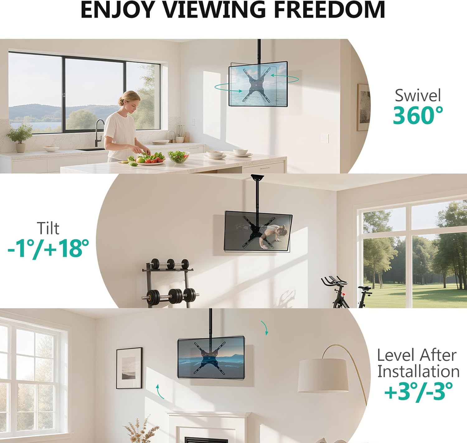 WALI Ceiling TV Mount - Adjustable Bracket for 26-65 Inch 4K TVs | Supports Up to 110 lbs, Black