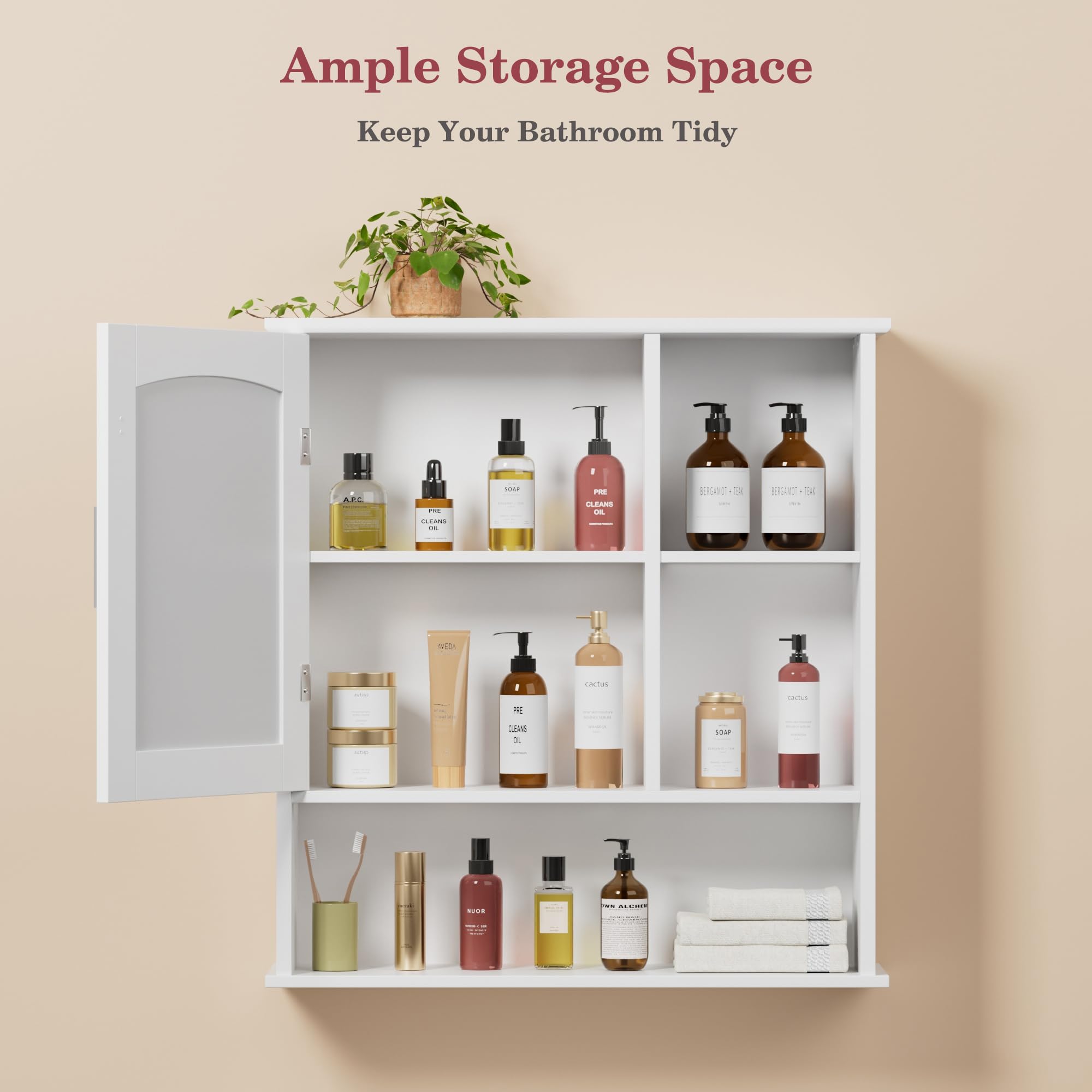 VECELO Bathroom Wall Cabinet with Mirror, Wall Mounted Medicine Cabinets with Door and 3 Open Shelves, Adjustable Shelf, 16.8 x 22.5 x 7.2 Inches, White
