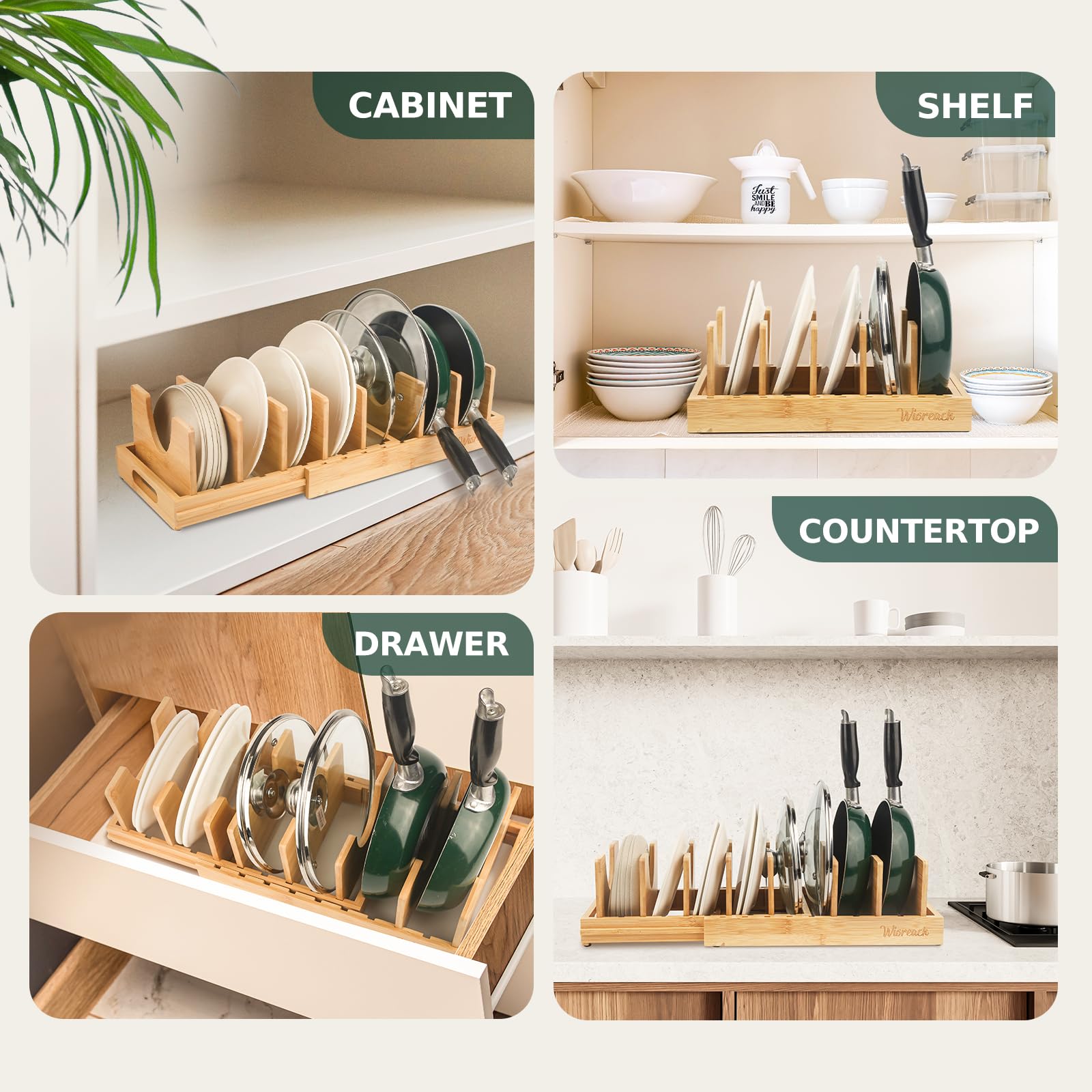 Wisreach Bamboo Pot Lid Organizer, Adjustable Kitchen Organizer for Cabinet, Expandable Pot and Pan Storage Rack, Kitchen Organization for Lids, Bakeware, and Cutting Boards